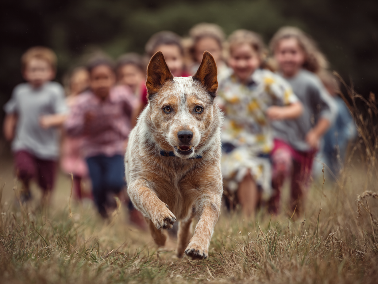 Australian Cattle Dog attempting to herd children