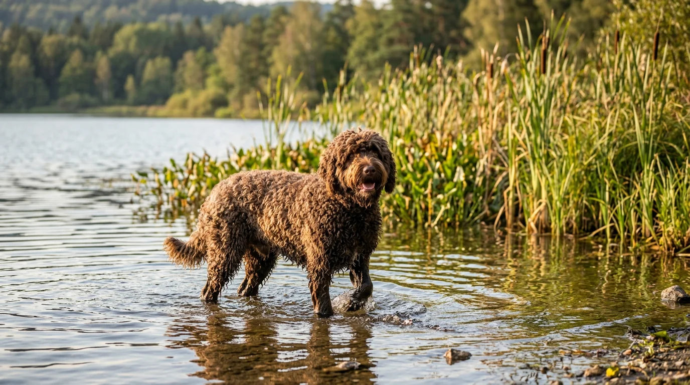 Barbet French water dog wading happily in a lake