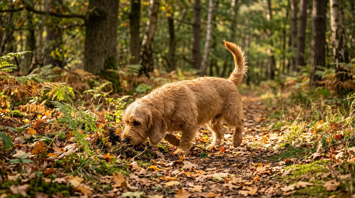 Basset Fauve de Bretagne on a woodland trail tracking a scent