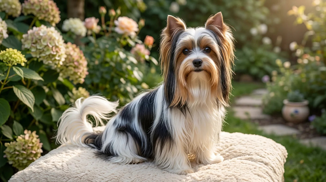 Biewer Terrier with elegant tri-color silky coat in a portrait setting
