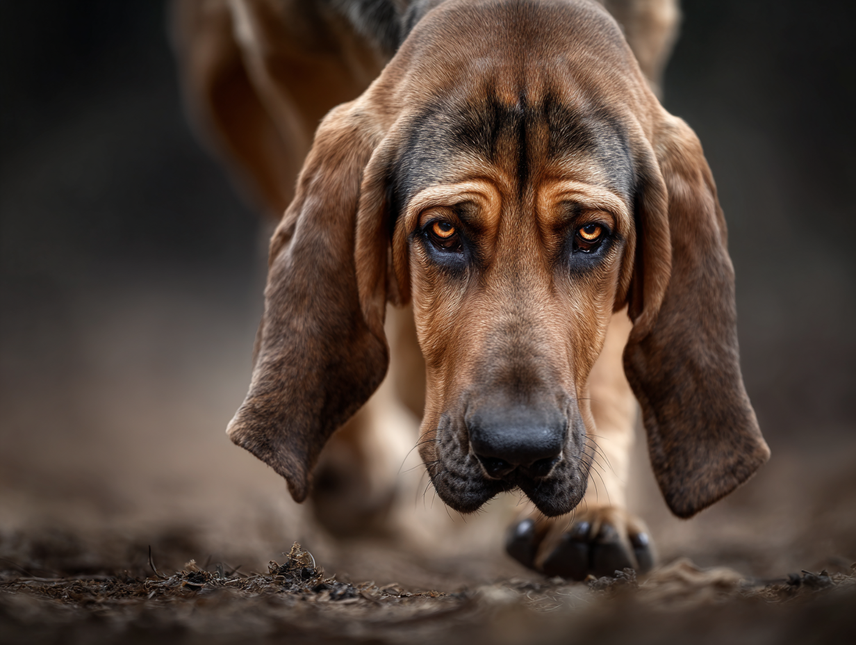 Bloodhound following invisible scent trail