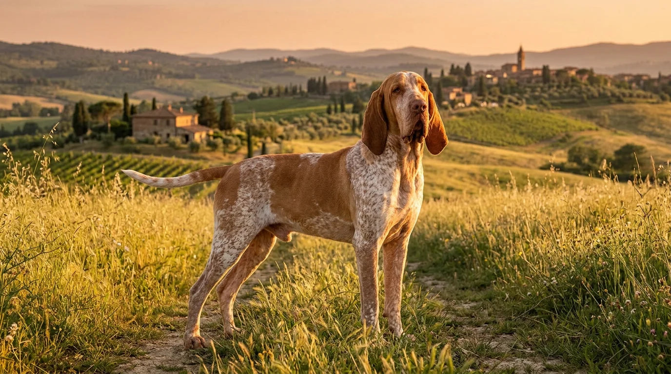 Bracco Italiano pointing dog in an Italian countryside field