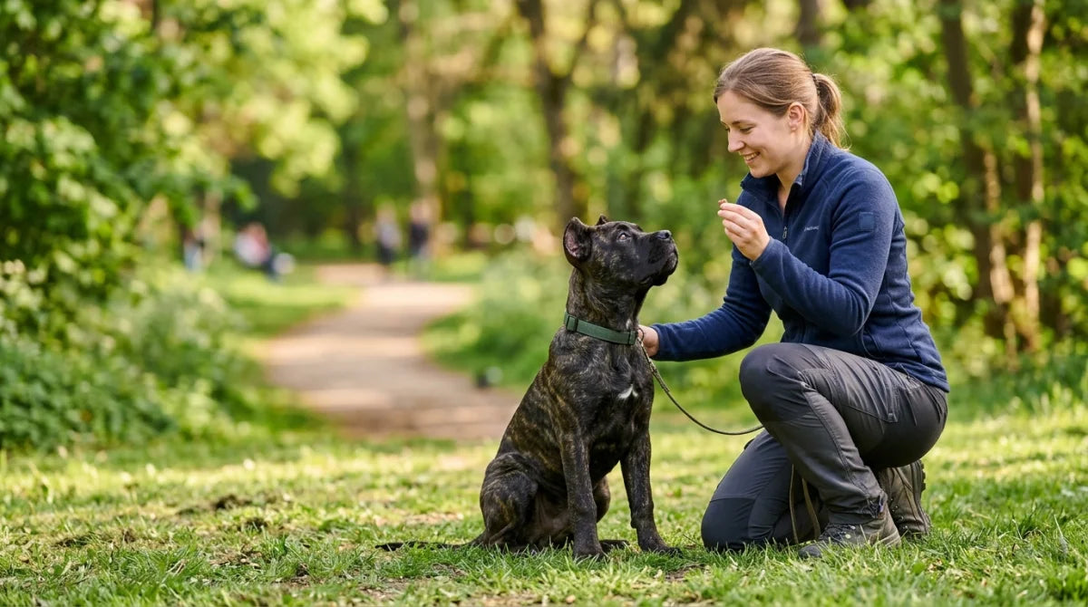 Cane Corso puppy in a training session with its owner