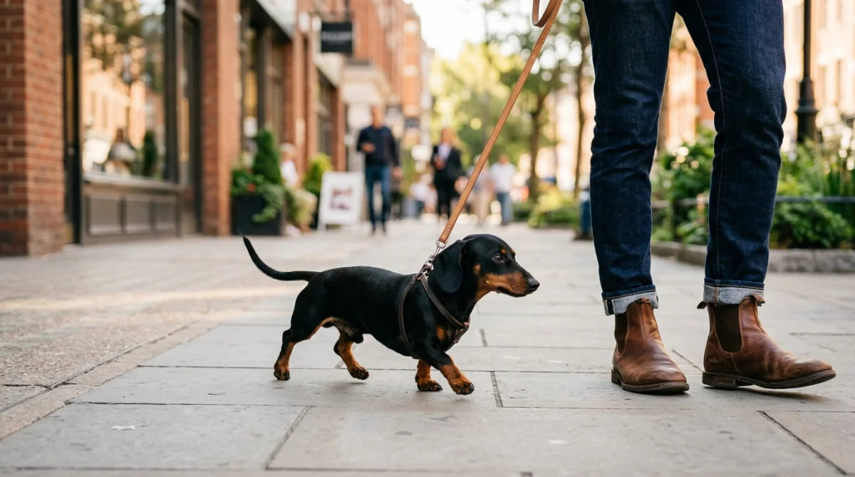 Miniature Dachshund walking on a city sidewalk with its owner