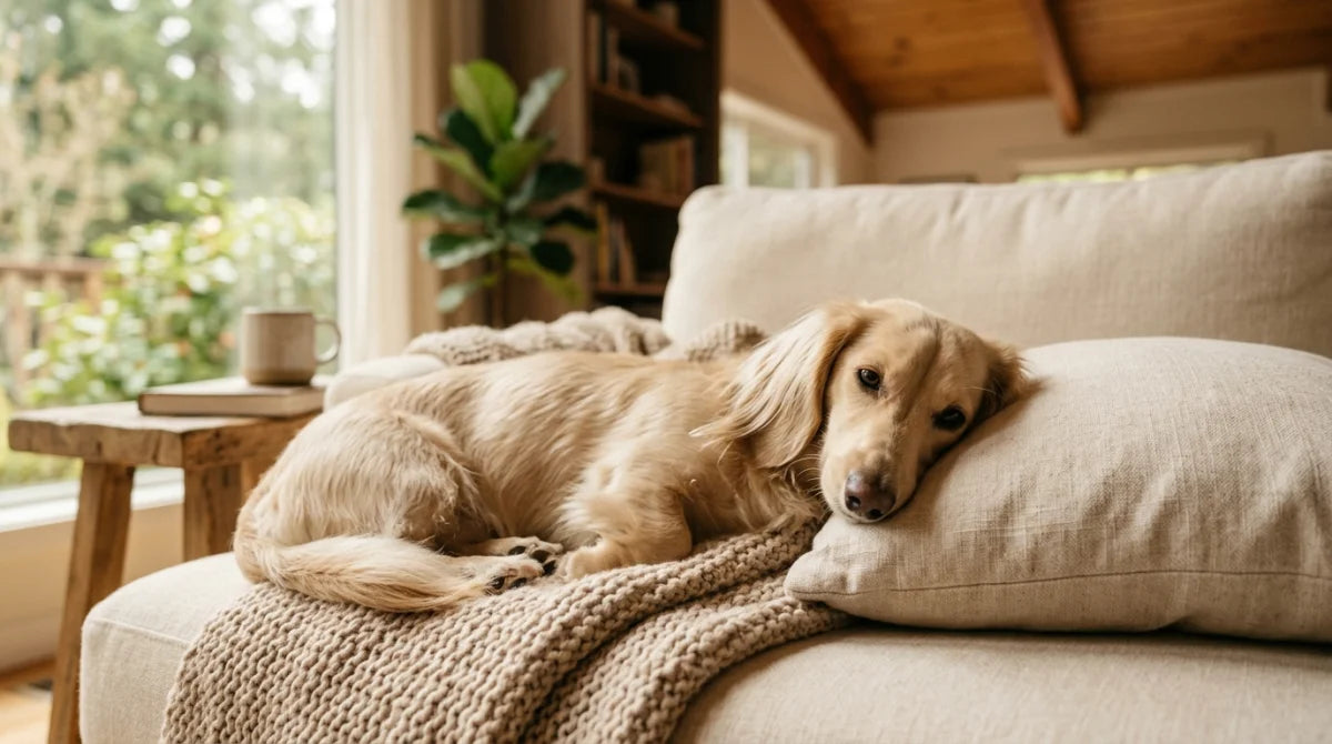 Longhaired Dachshund relaxing on a couch with a warm blanket
