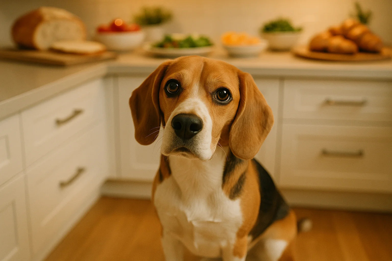 A curious Beagle in a kitchen looking up hopefully