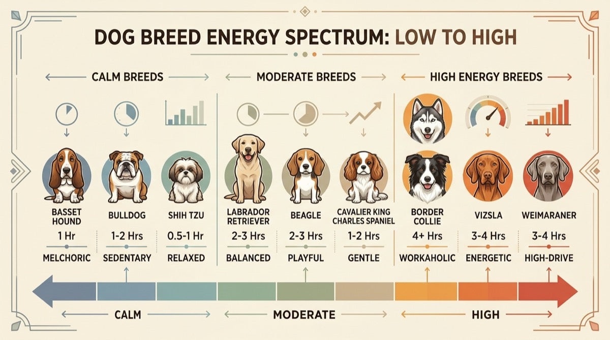 Infographic showing exercise needs by breed energy level
