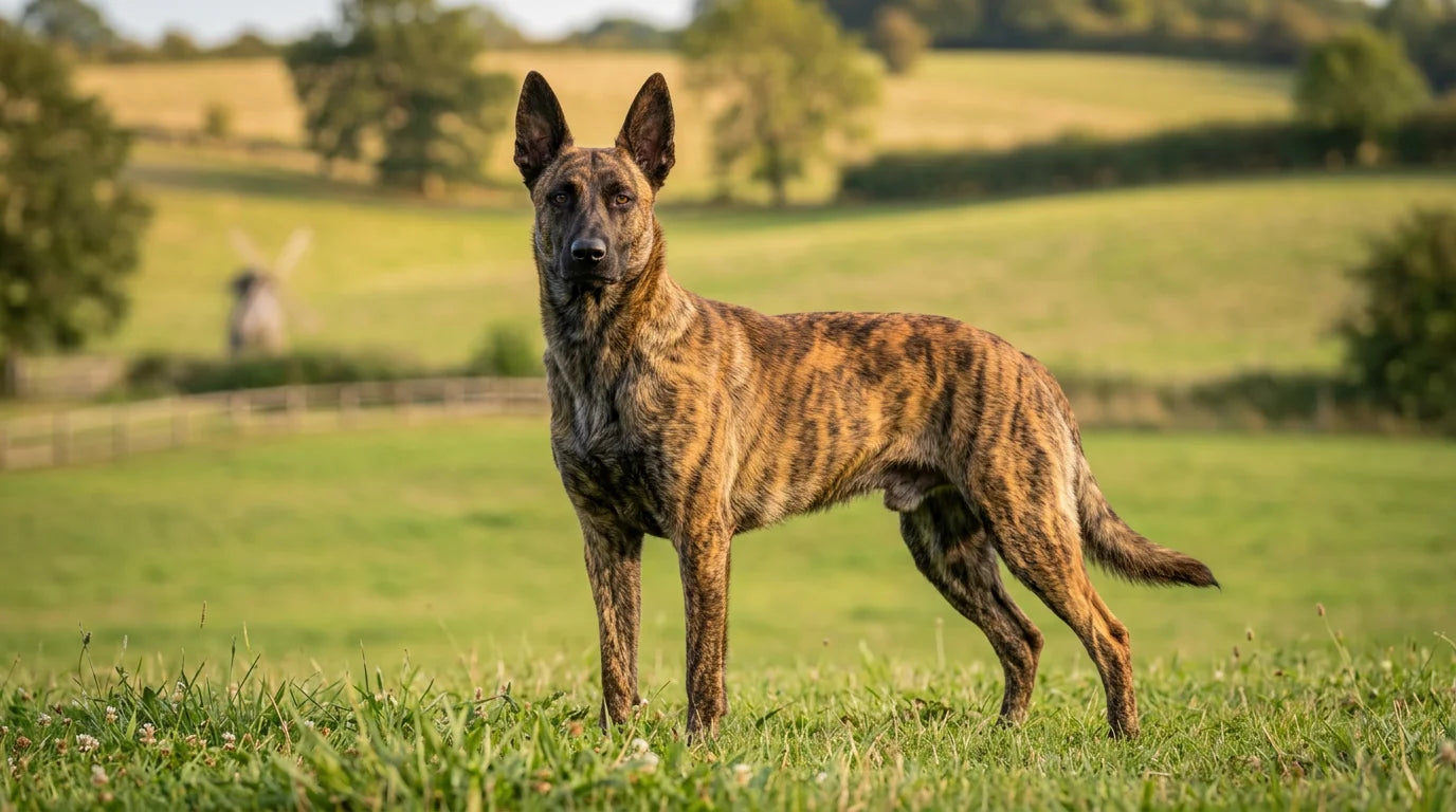 Dutch Shepherd with distinctive brindle coat in a confident stance