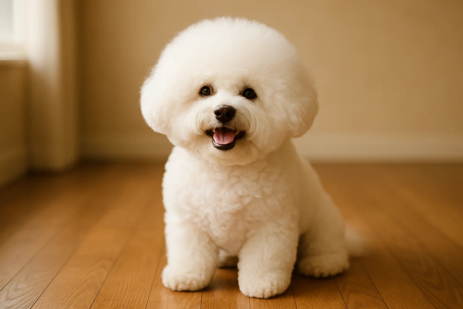 Fluffy white Bichon Frise with happy expression on a warm wooden floor