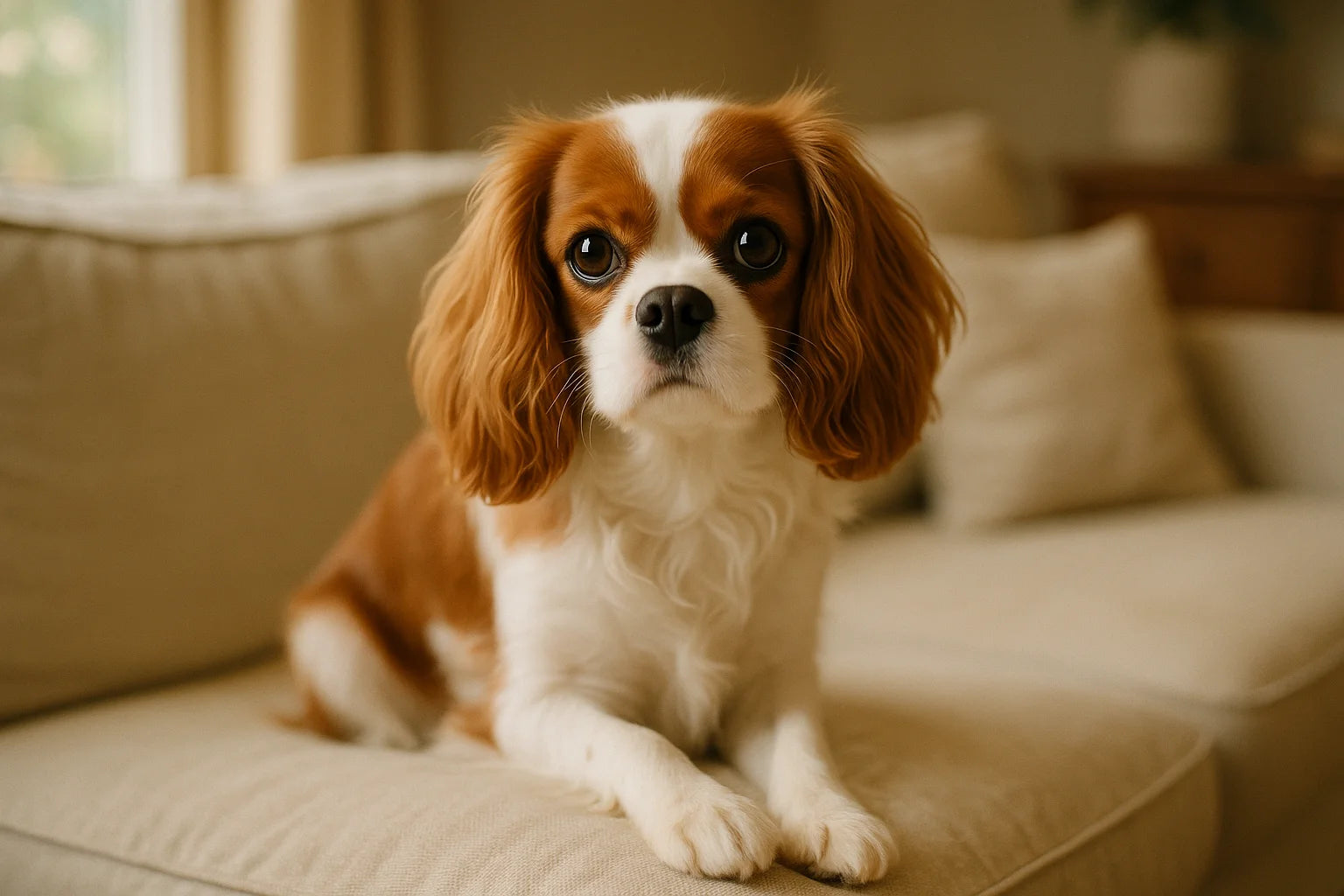 Cavalier King Charles Spaniel with sweet expression on a cream couch