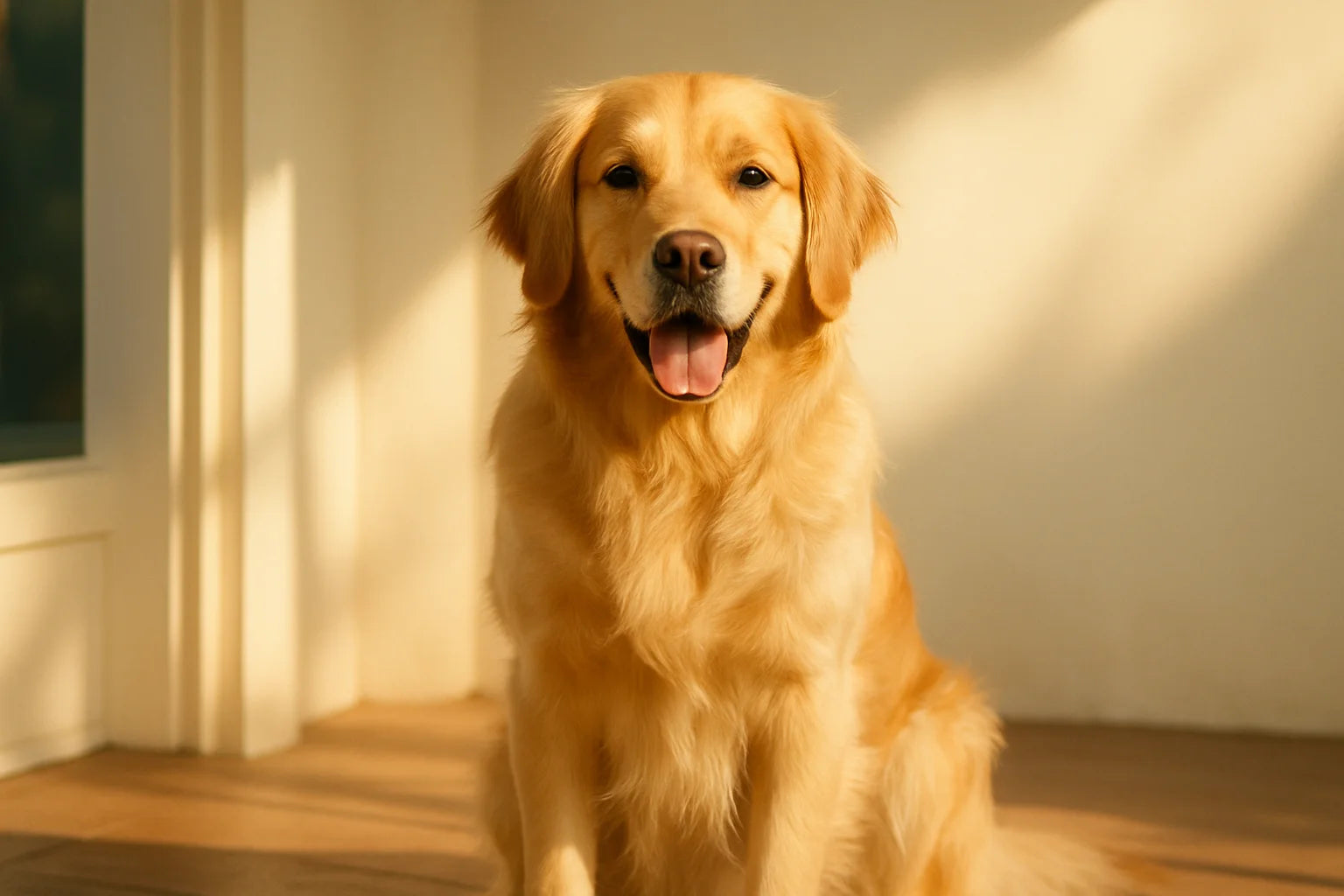 Golden Retriever sitting on a sunlit porch with warm golden fur