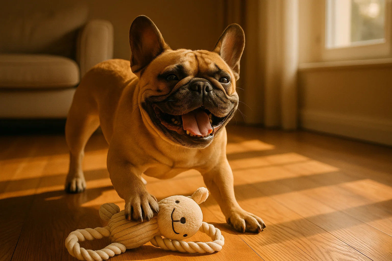 Happy French Bulldog playing with a toy on a hardwood floor