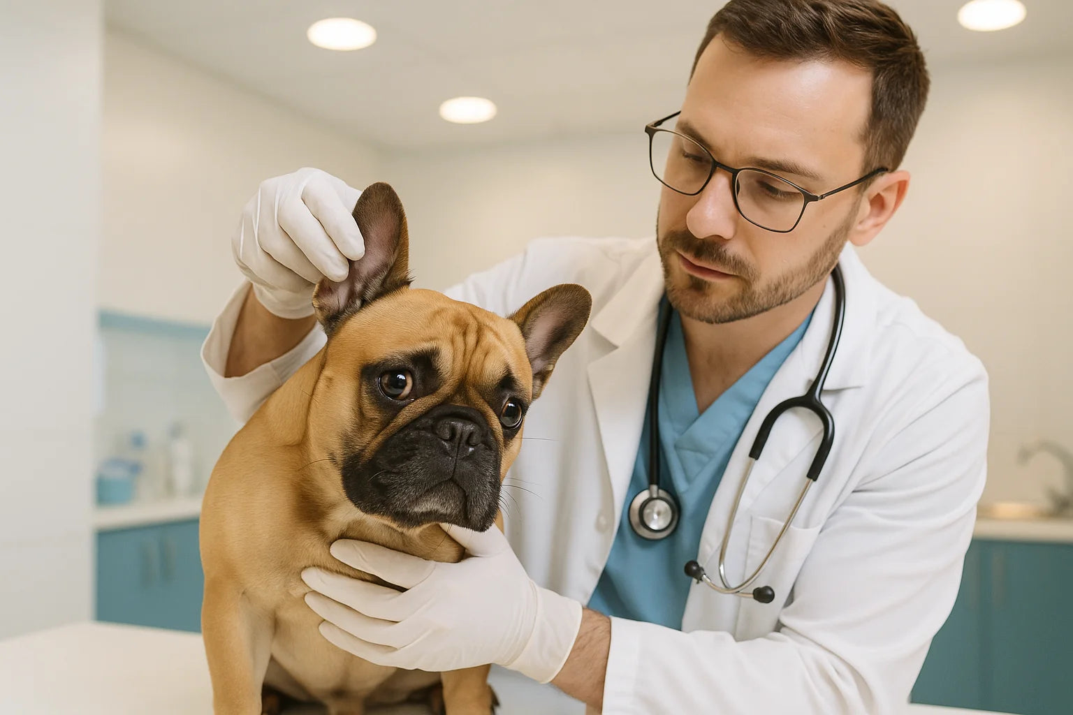 French Bulldog being examined by a veterinarian