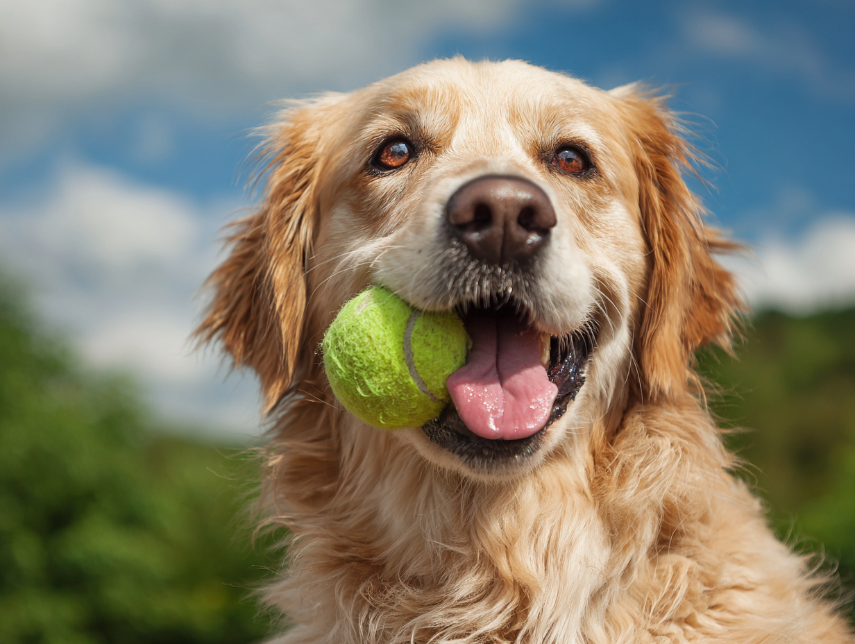 Golden Retriever sitting with tennis ball showing eagerness to please