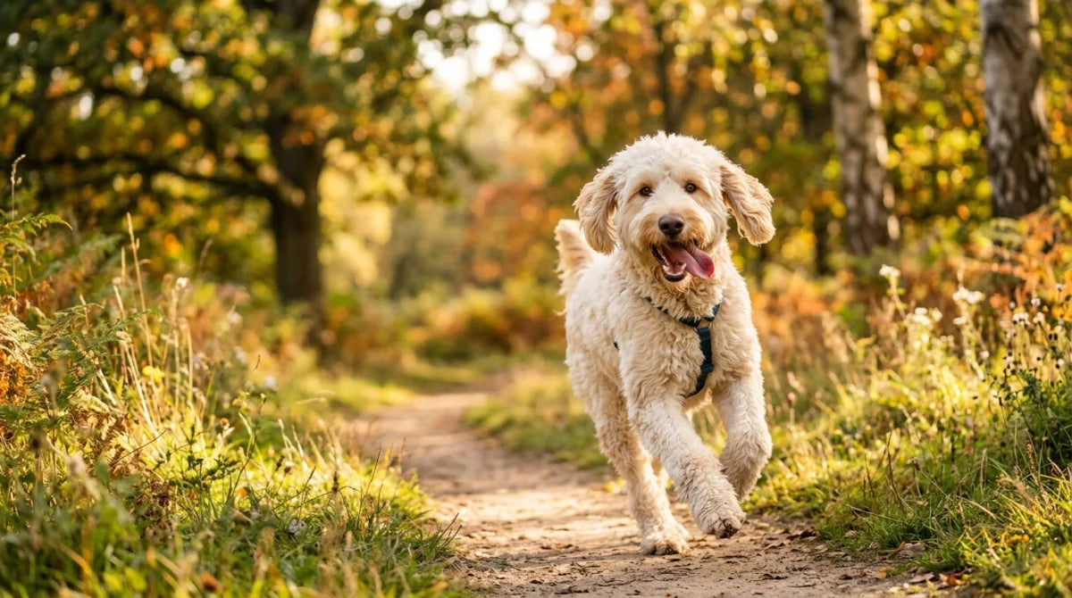 Goldendoodle with wavy coat outdoors in a park