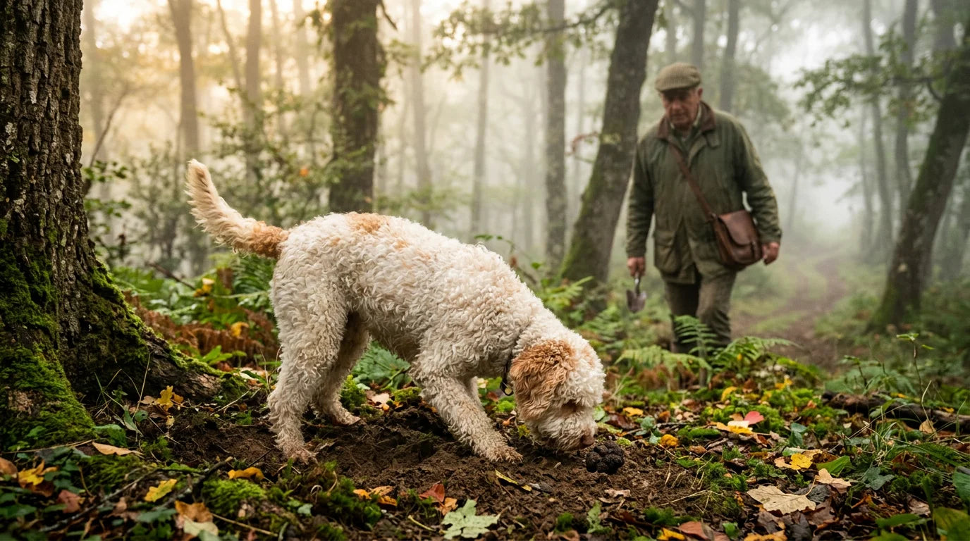 Lagotto Romagnolo searching for truffles in a misty Italian woodland