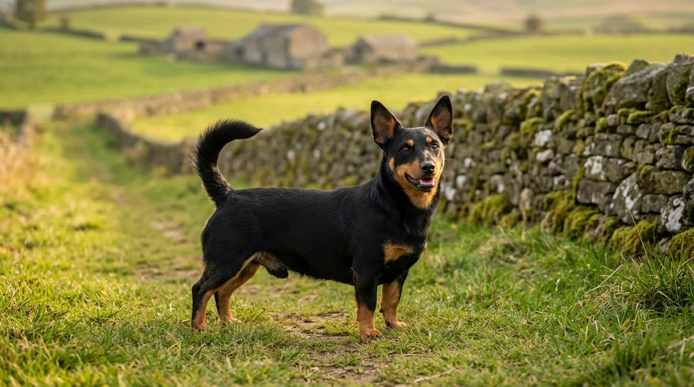 Lancashire Heeler showing its characteristic low-set body and black-and-tan coat