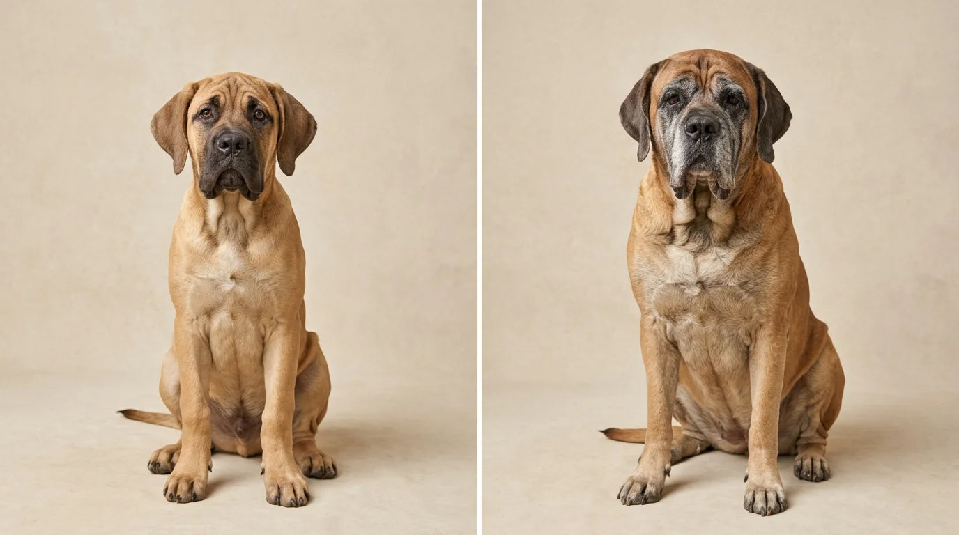 Side-by-side composite of a young Mastiff puppy and a graying senior Mastiff, illustrating the compressed lifespan of giant breeds