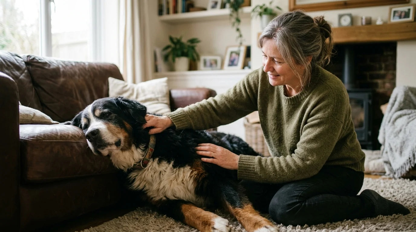 An owner gently checking a senior large-breed dog's body condition during a calm at-home moment