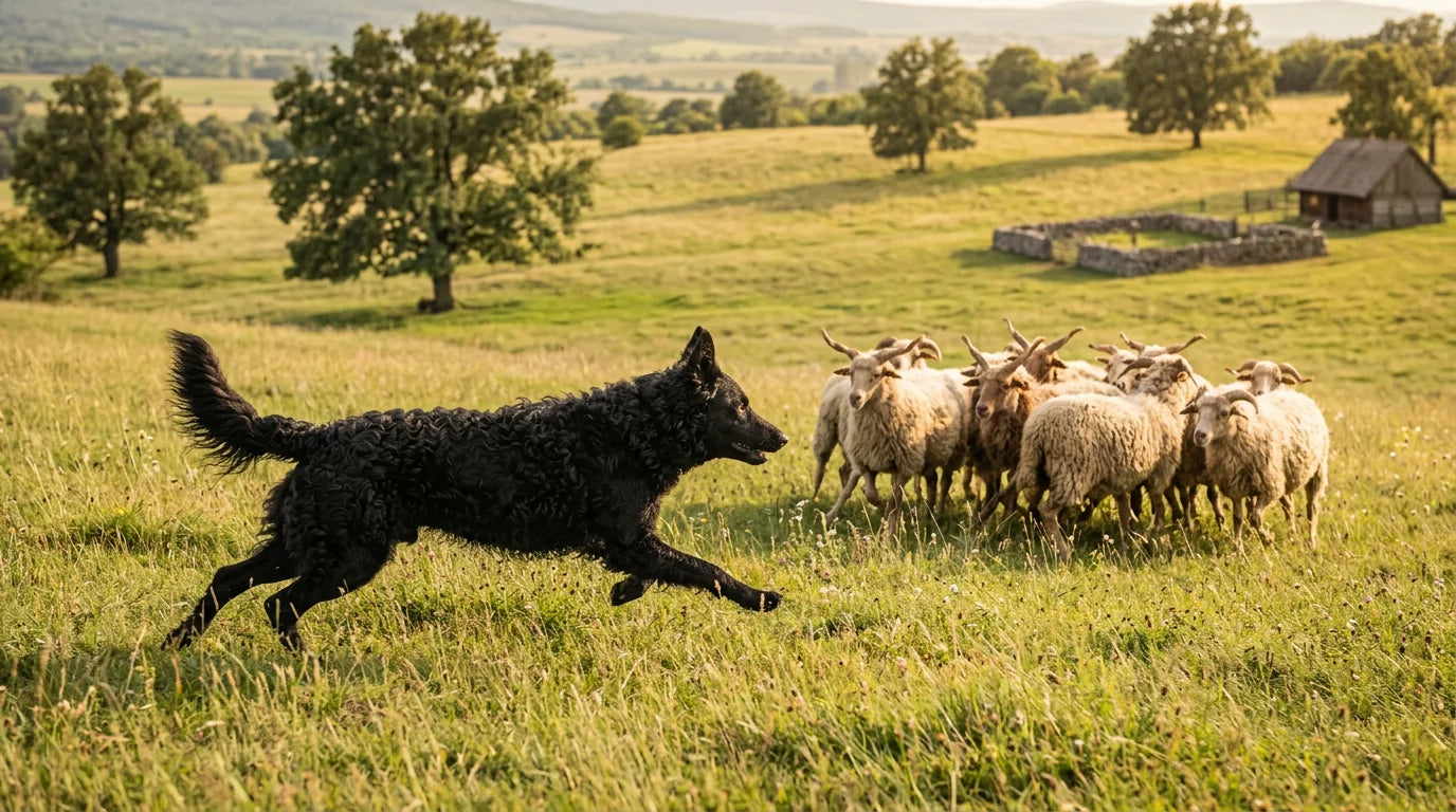Mudi dog breed in an agile herding stance in a green field