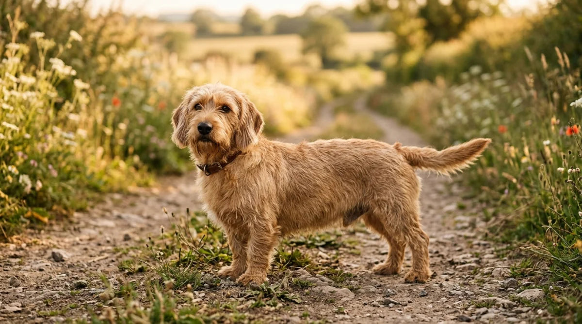 Basset Fauve de Bretagne with golden wiry coat on a nature trail