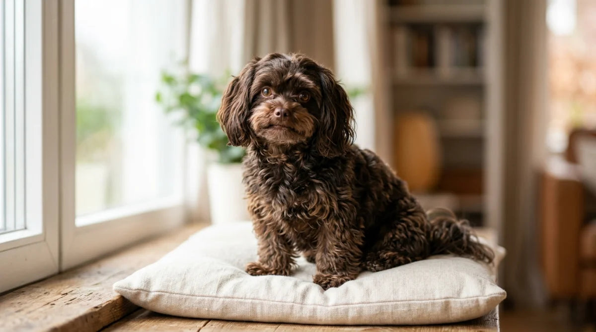 Russian Tsvetnaya Bolonka with wavy dark coat sitting elegantly