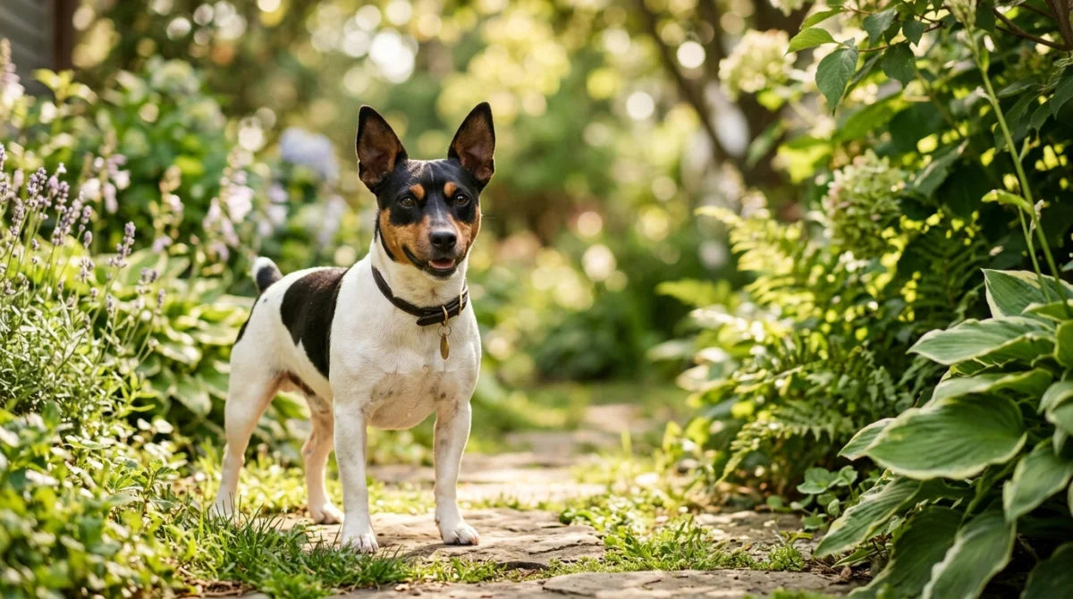 Teddy Roosevelt Terrier standing alert in a green yard