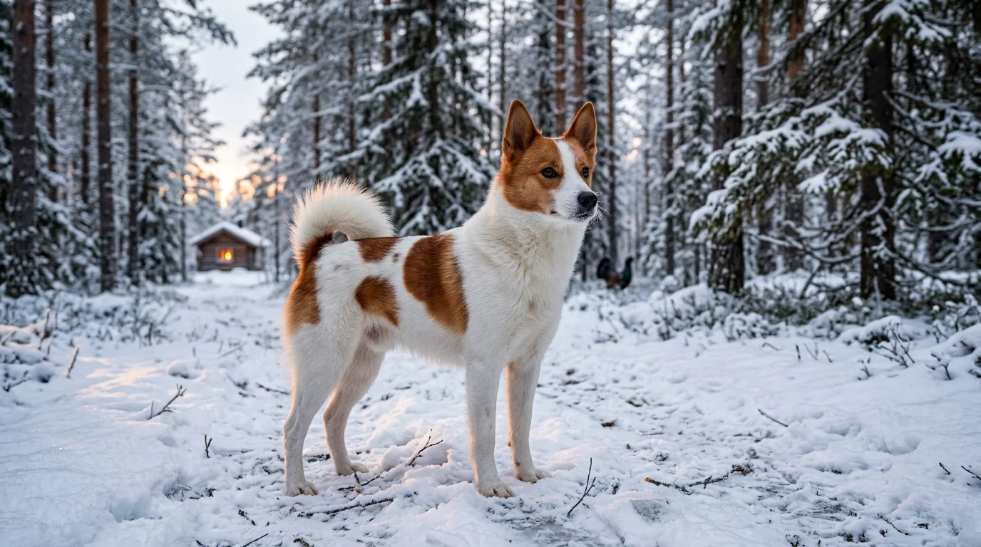 Norrbottenspets spitz-type dog in a Nordic winter forest landscape