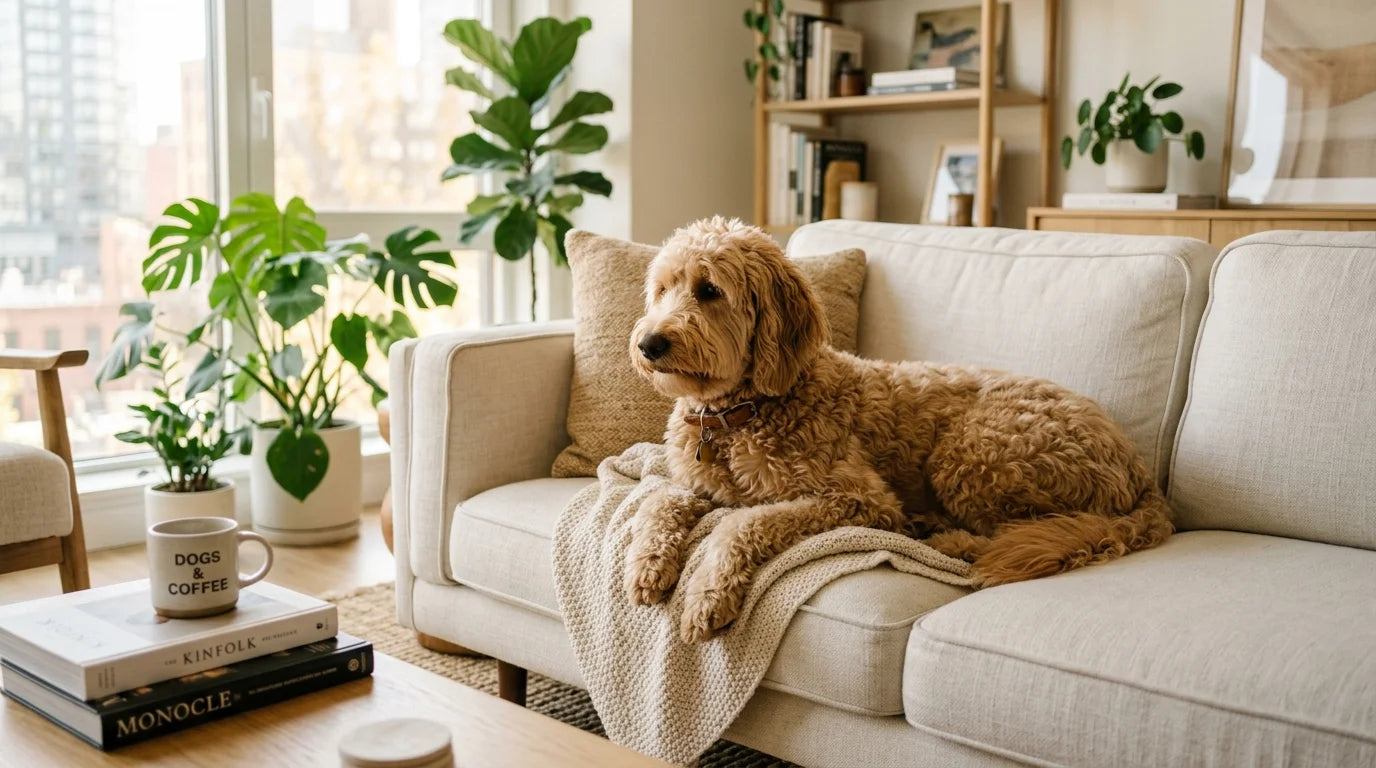 A Goldendoodle relaxing on a stylish modern sofa, illustrating the doodle phenomenon that absorbed Poodle demand
