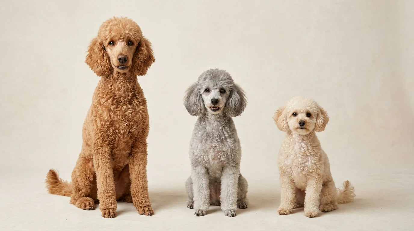 Standard, Miniature, and Toy Poodles in a row, illustrating the breed's three size varieties