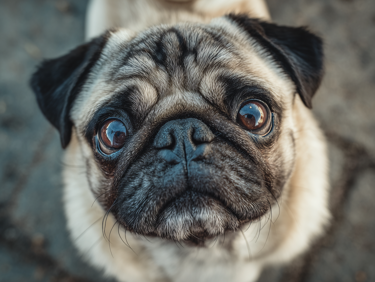 Pug sitting very close showing attachment