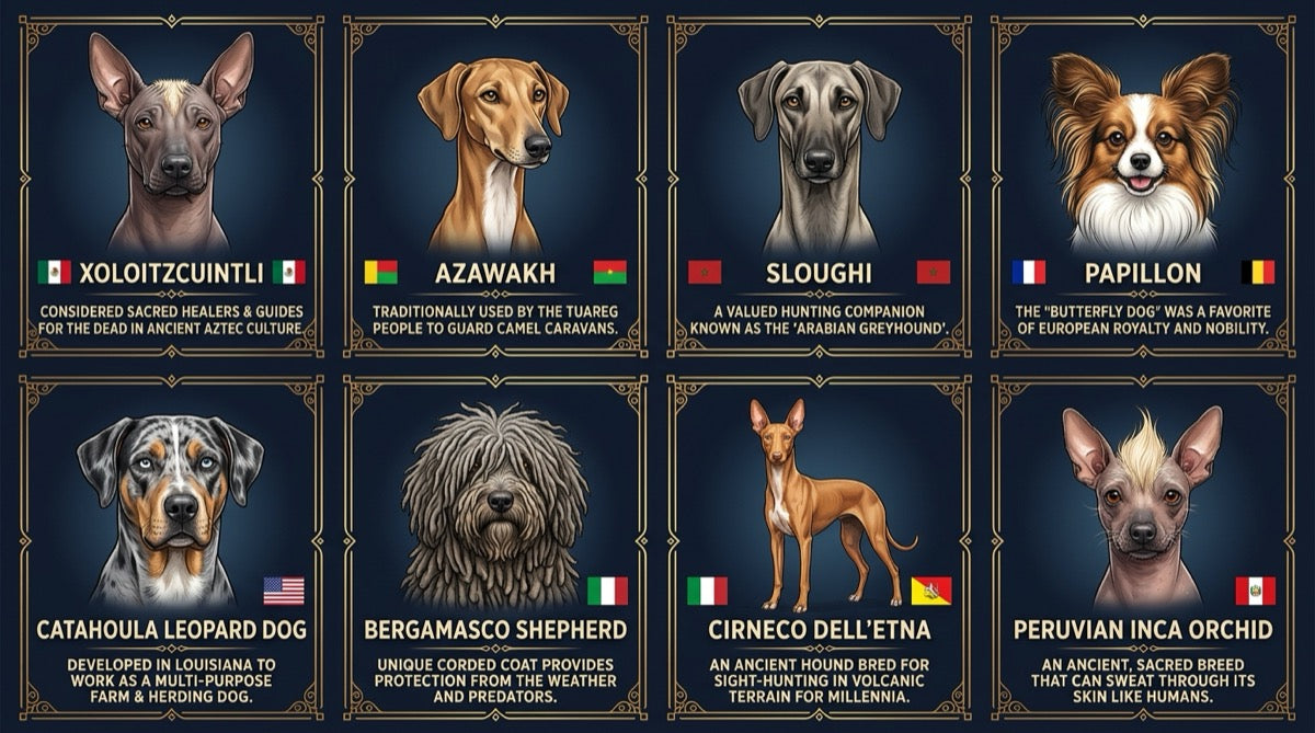 Infographic showing rare dog breeds and their origins
