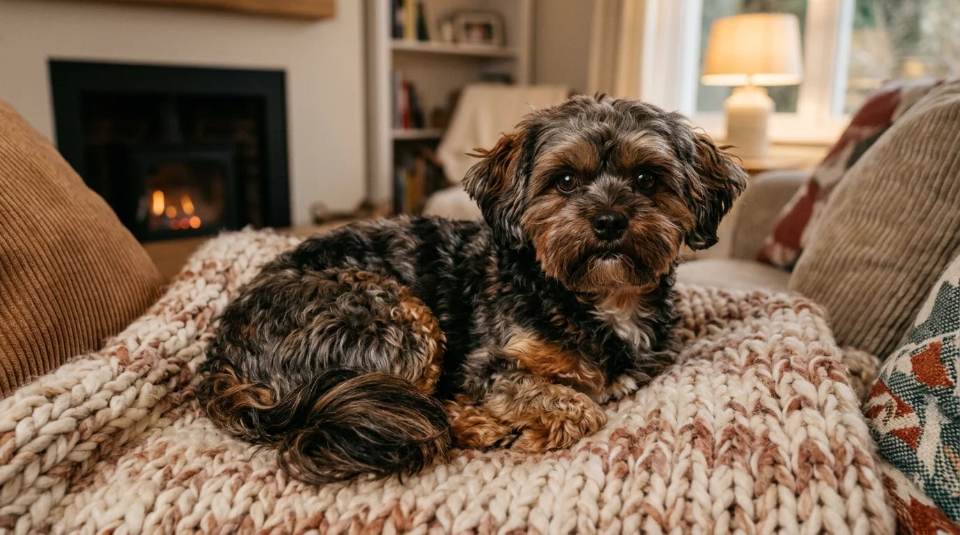 Russian Tsvetnaya Bolonka with silky wavy coat in a cozy home setting