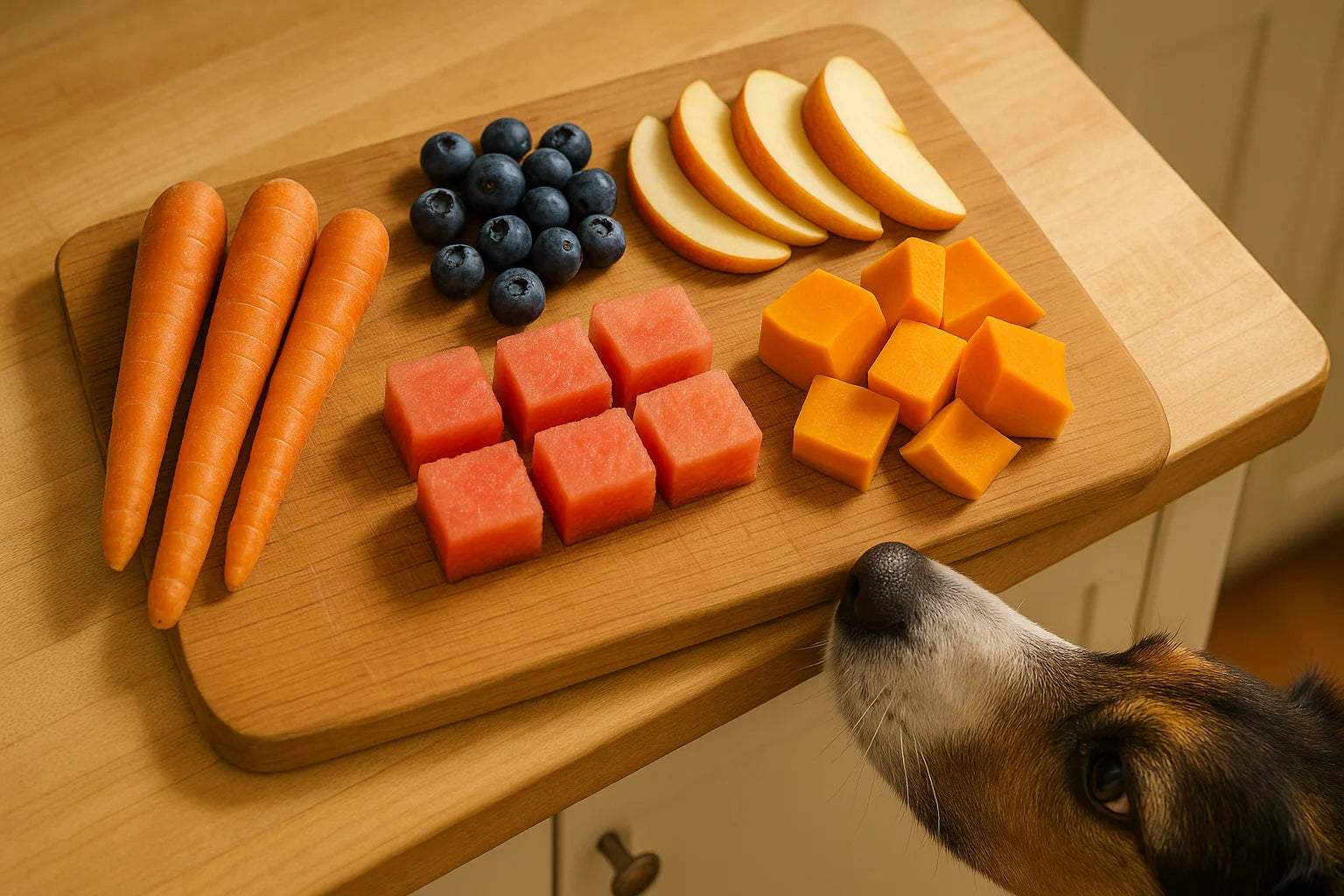 Display of safe dog treats - carrots, blueberries, apples, watermelon, and pumpkin
