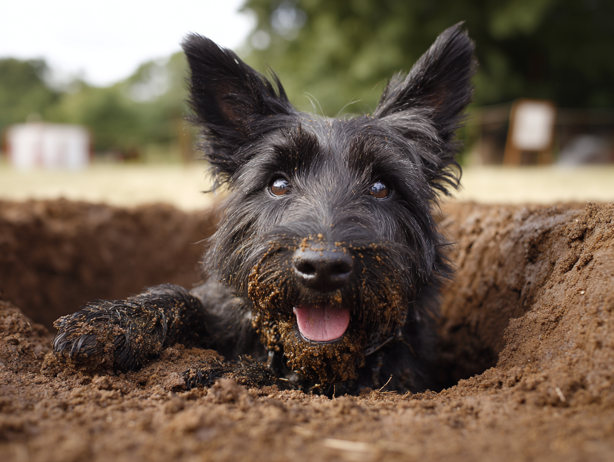 Scottish Terrier emerging from hole covered in dirt