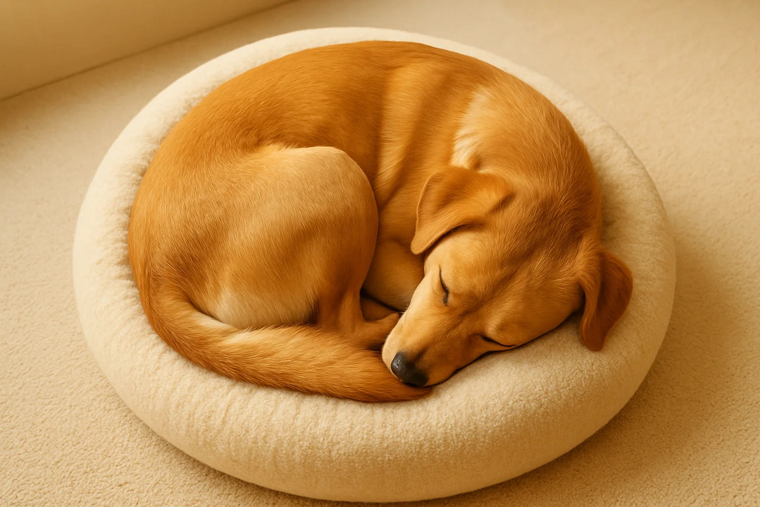 Dog curled up in a perfect donut circle on a round dog bed