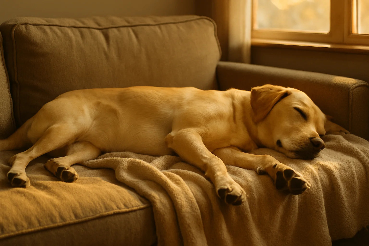 Labrador sleeping peacefully on its side on a cozy couch