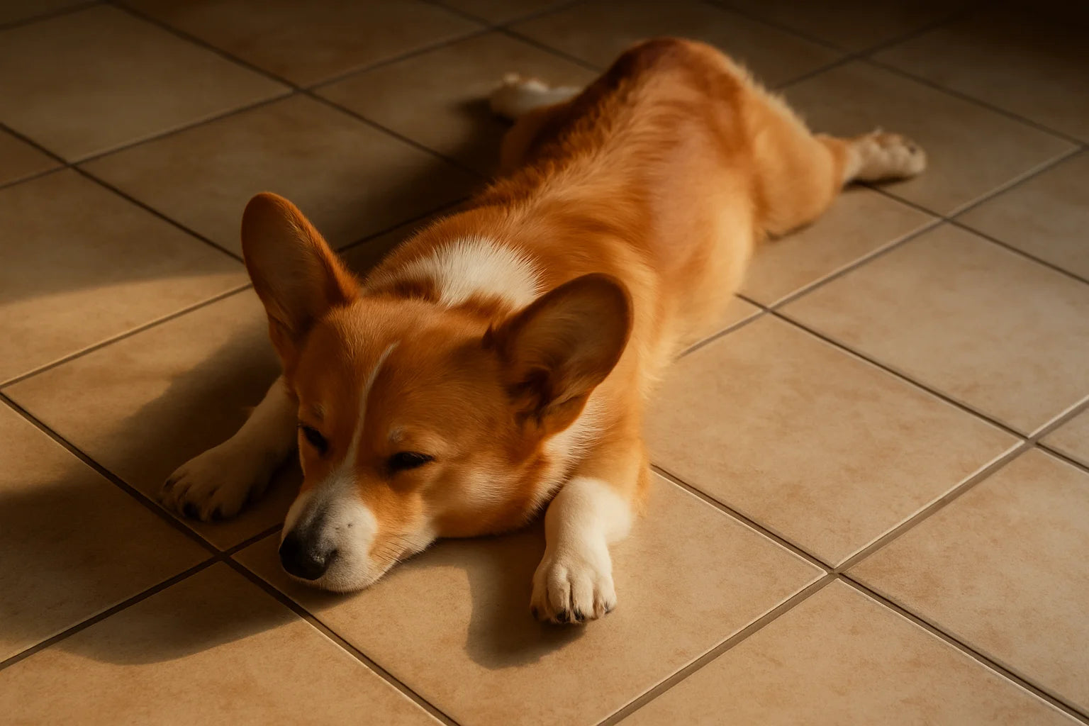 Dog lying flat on belly with all four legs stretched out in the sploot position
