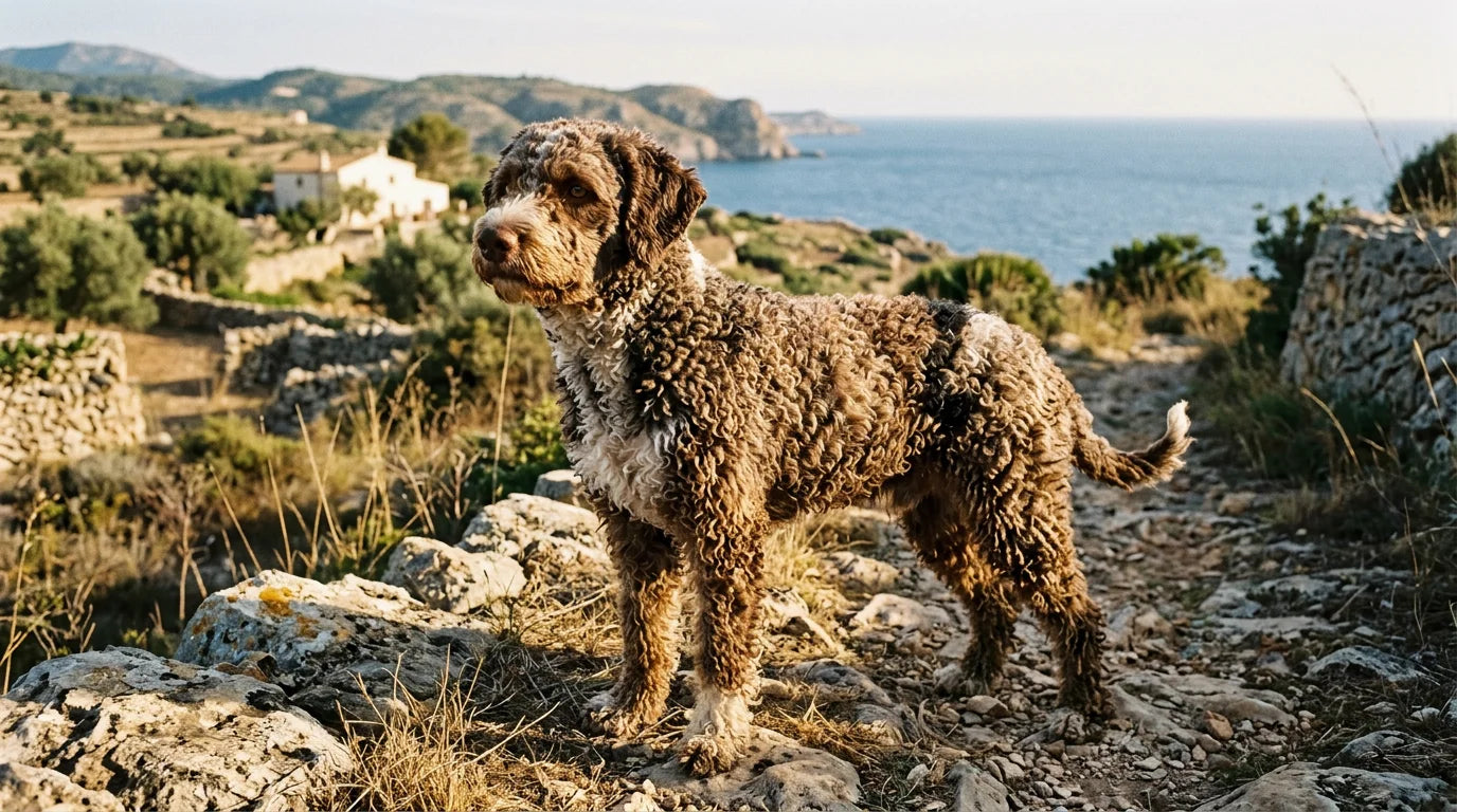 Spanish Water Dog with distinctive tight curly coat on a Mediterranean coastline