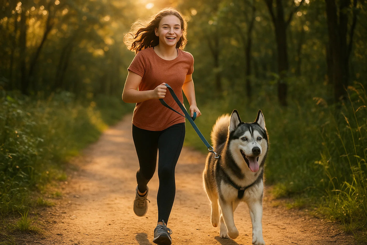 A teenager jogging on a trail with a Siberian Husky