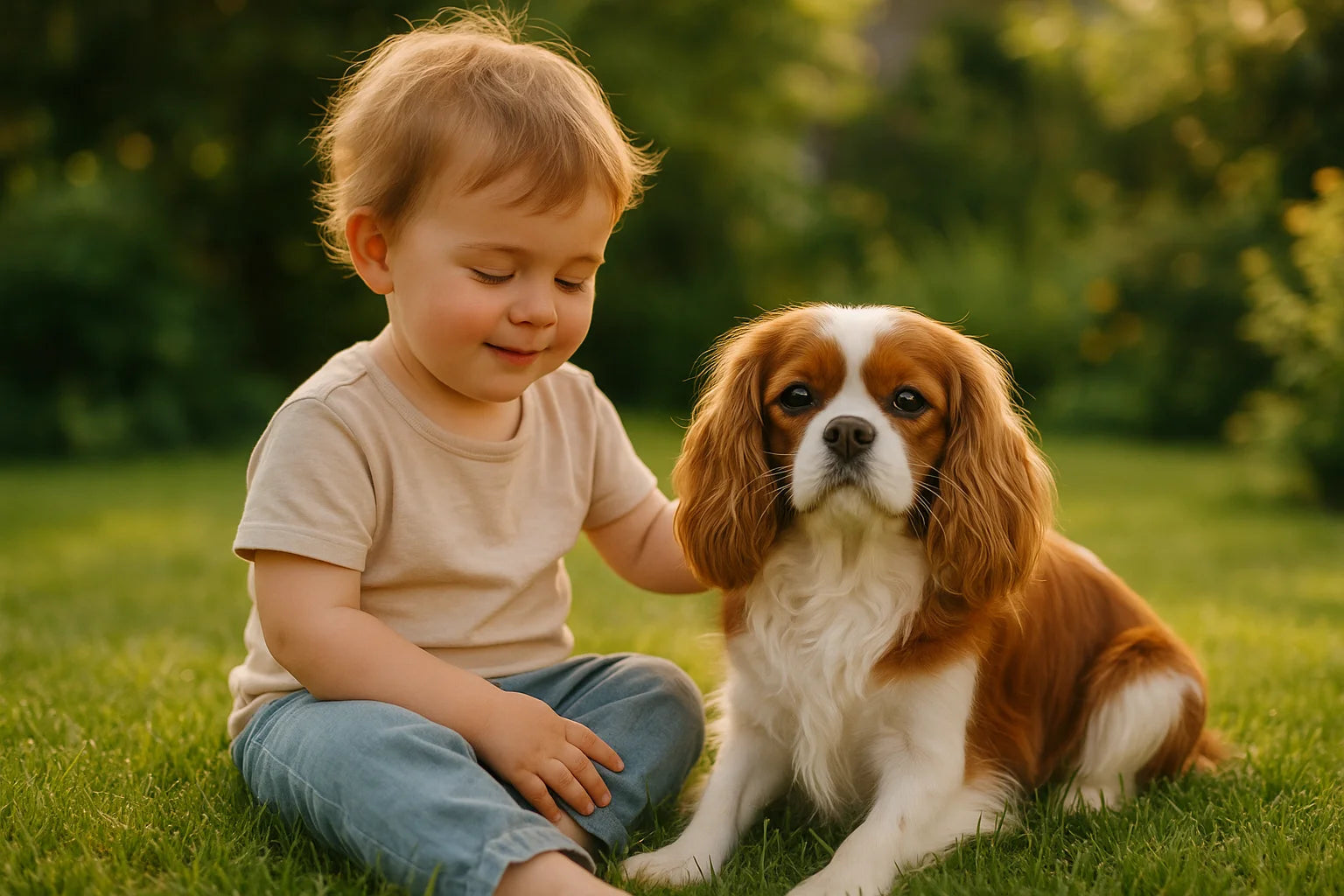 A gentle toddler sitting with a patient Cavalier King Charles Spaniel