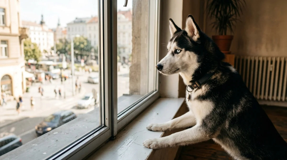 Siberian Husky looking restless by an apartment window