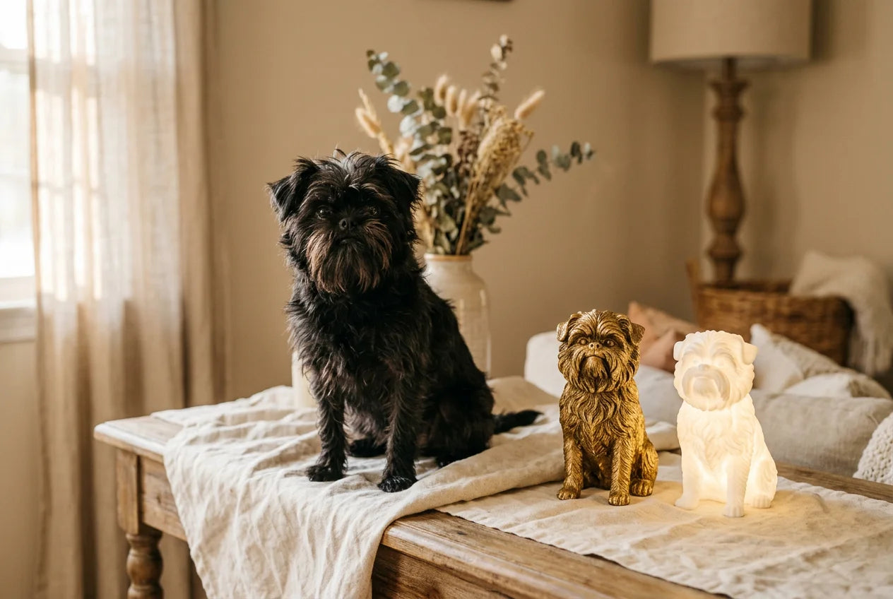 Affenpinscher dog in a warm editorial interior with handcrafted sculpture and luminary