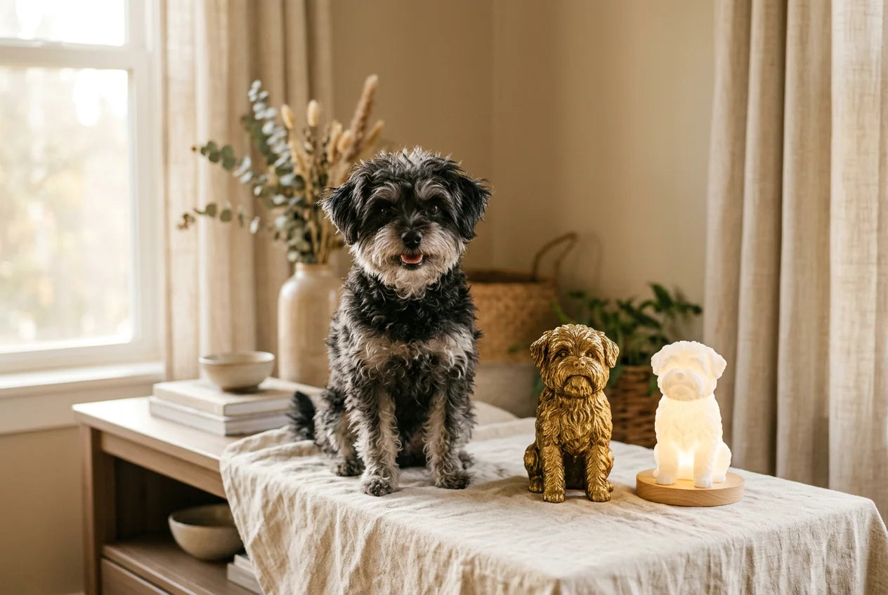 Affenpoo dog in a warm editorial interior with handcrafted sculpture and luminary