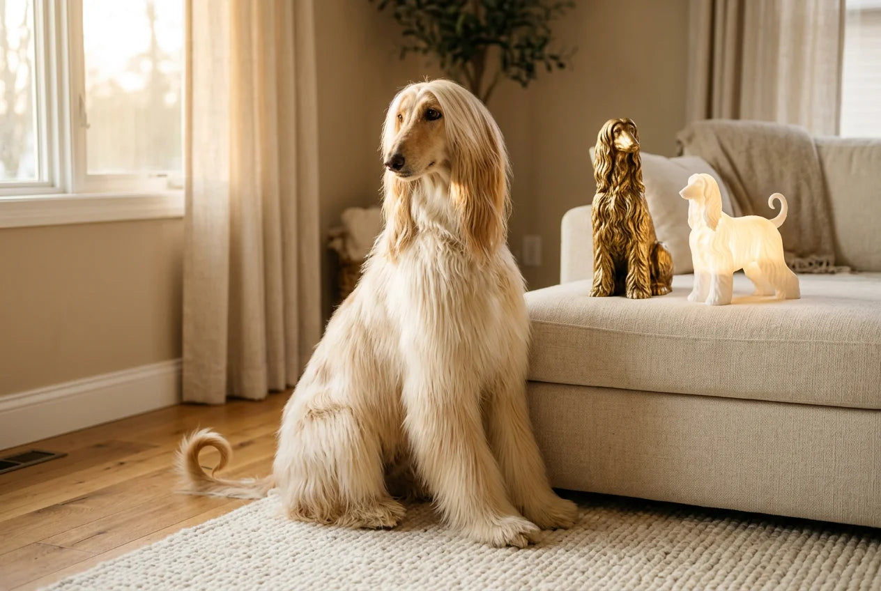 Afghan Hound dog in a warm editorial interior with handcrafted sculpture and luminary