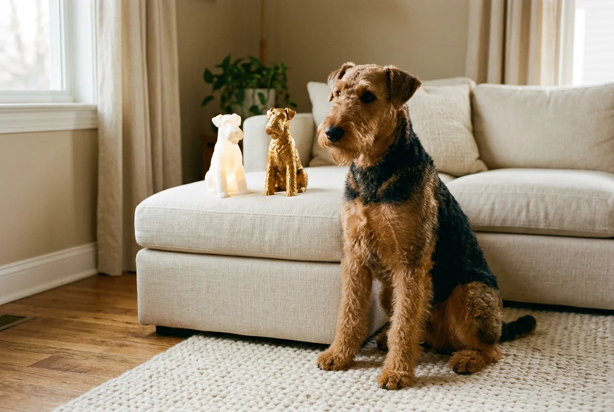 Airedale Terrier dog in a warm editorial interior with handcrafted sculpture and luminary