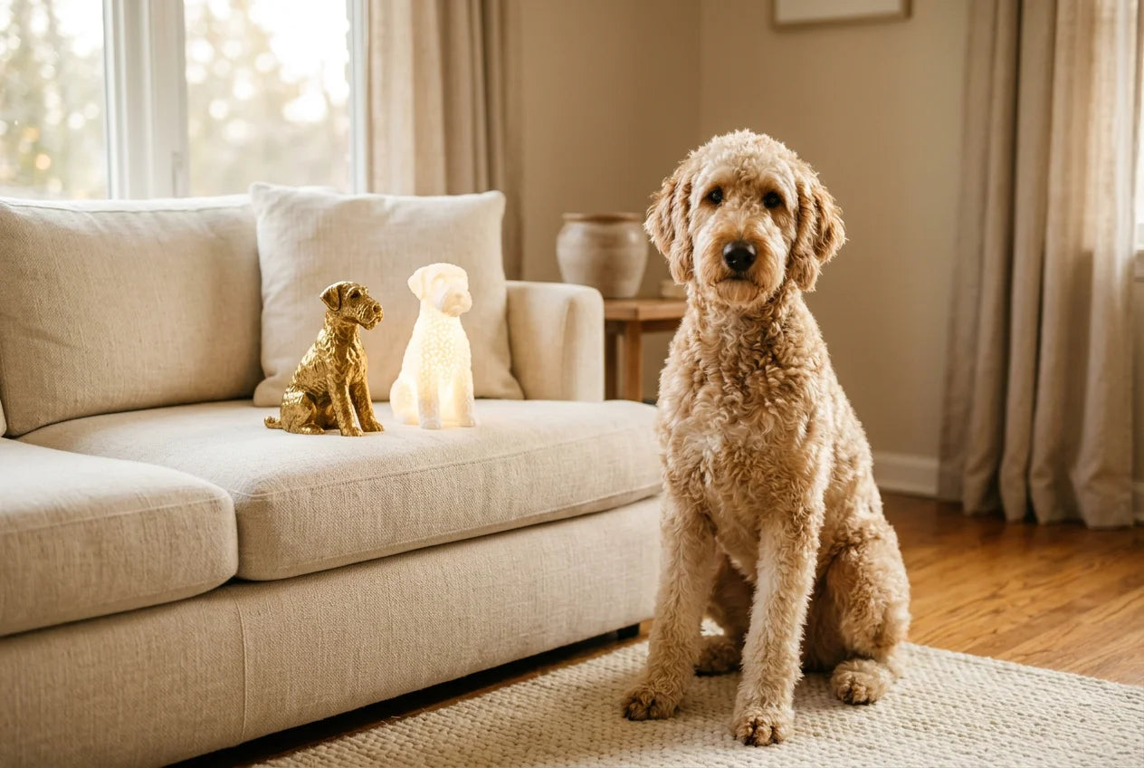 Airedoodle dog in a warm editorial interior with handcrafted sculpture and luminary