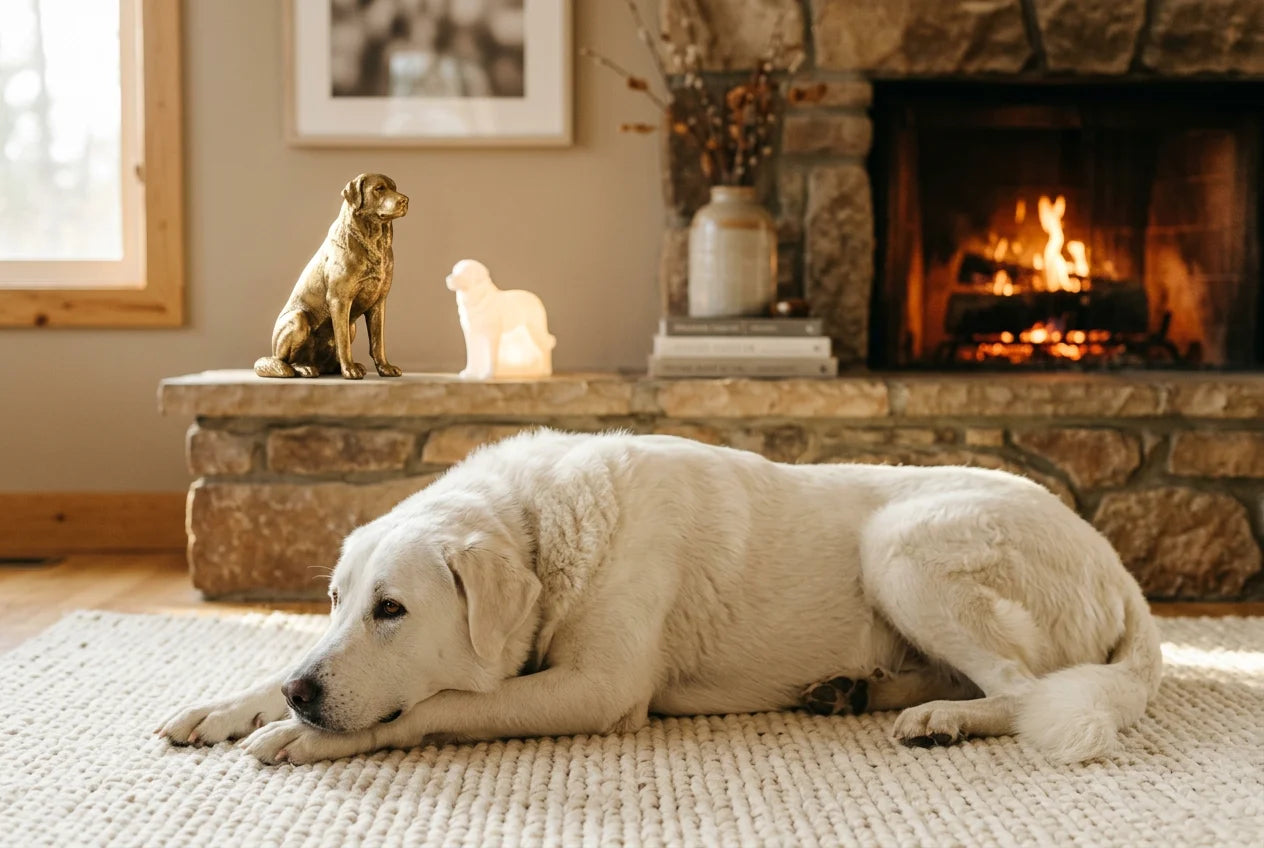 Akbash dog in a warm editorial interior with handcrafted sculpture and luminary