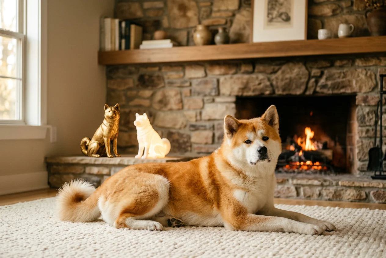 Akita dog in a warm editorial interior with handcrafted sculpture and luminary
