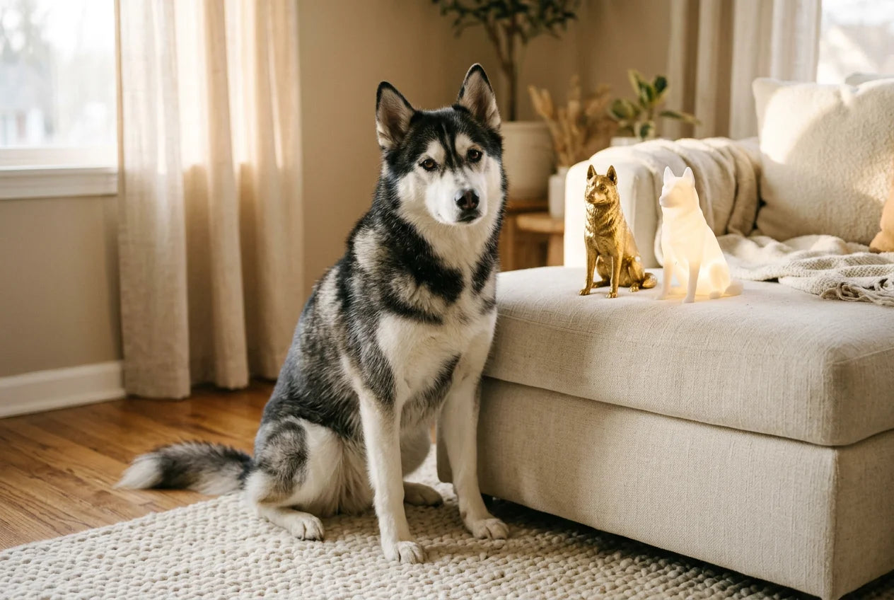 Alaskan Husky dog in a warm editorial interior with handcrafted sculpture and luminary